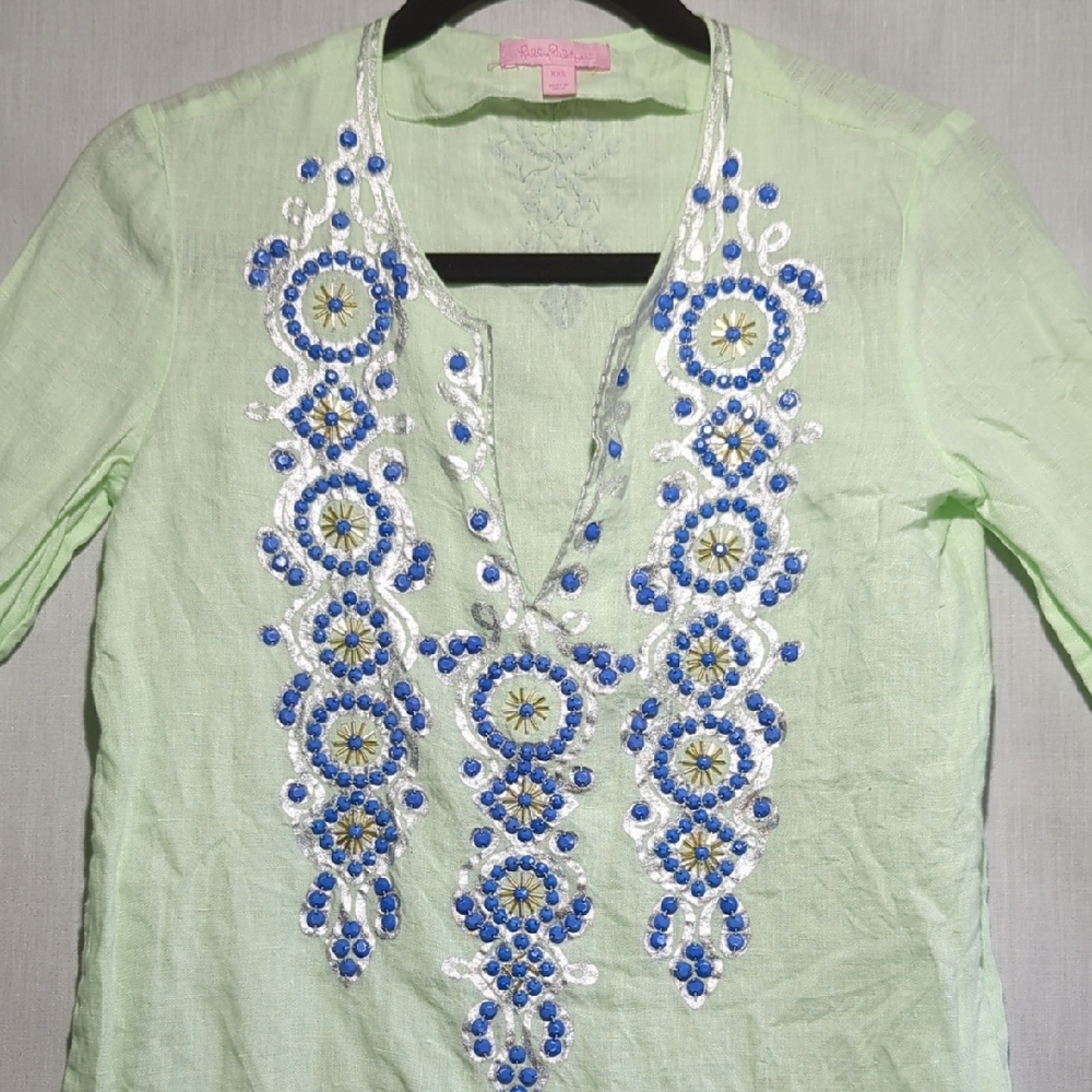 Lilly Pulitzer Amelia Island Tunic 100% Linen Embellished Top Size XXS‎